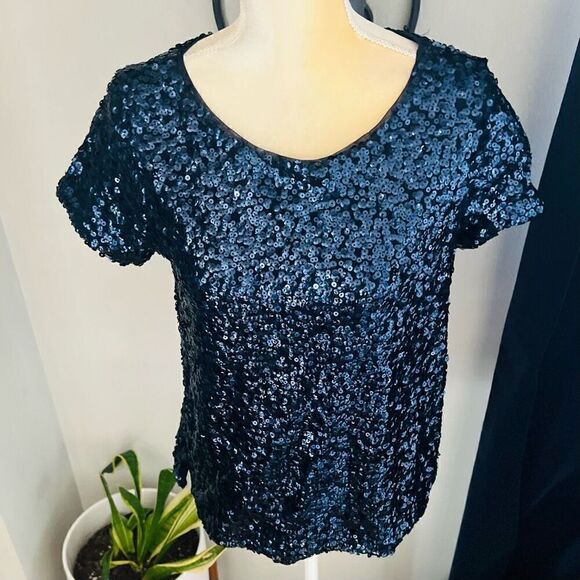 White House Black Market Classic Stretch Sequin Tee Ballet Top, Small, Navy, NWT - Picture 11 of 12